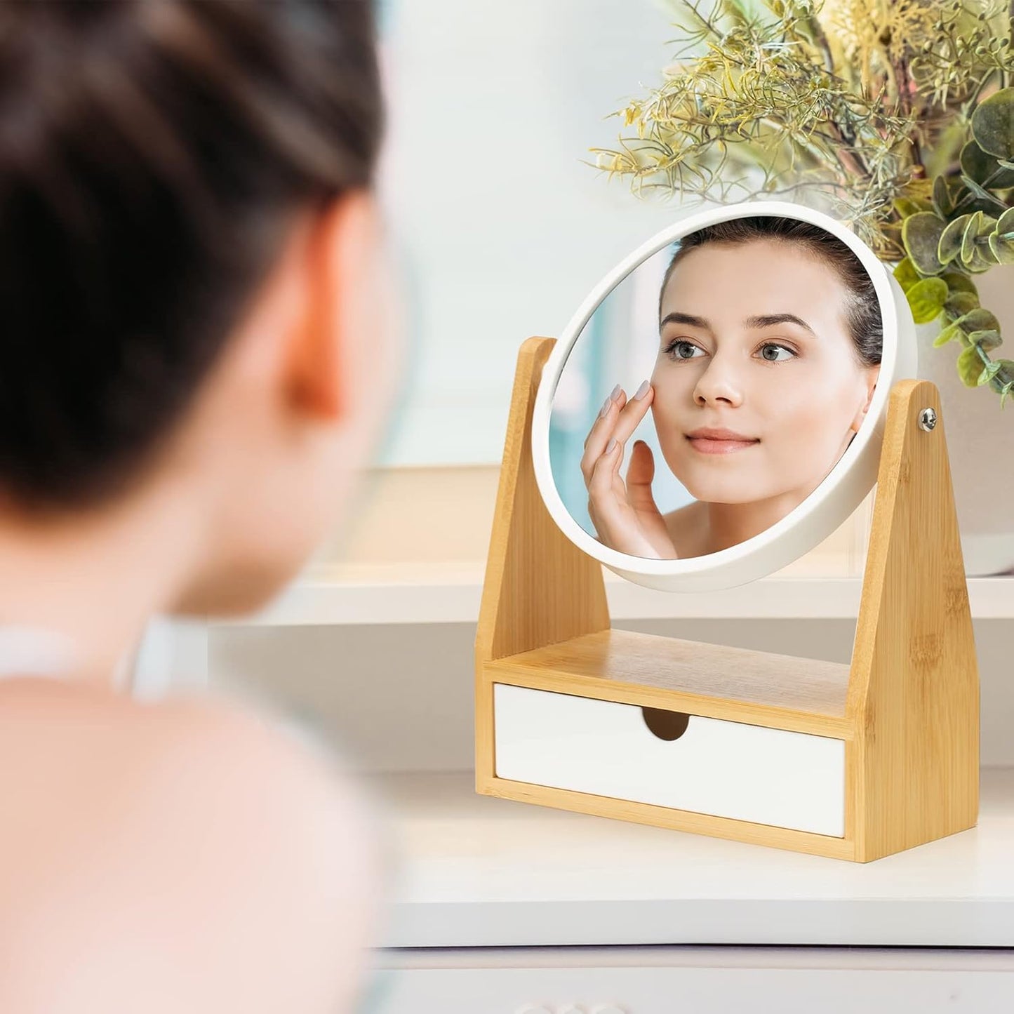 YEAKE Double-Sided Magnifying Vanity Makeup Mirror - 1X/3X with Bamboo Stand & Drawer | Portable Round Design