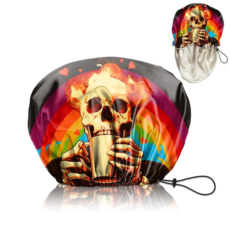 Cabreche Luxury Shower Cap Satin Silk Lined Adjustable Elastic Reusable Waterproof Shower Bath Cap Cute for Women Girls-Rainbow Skeleton