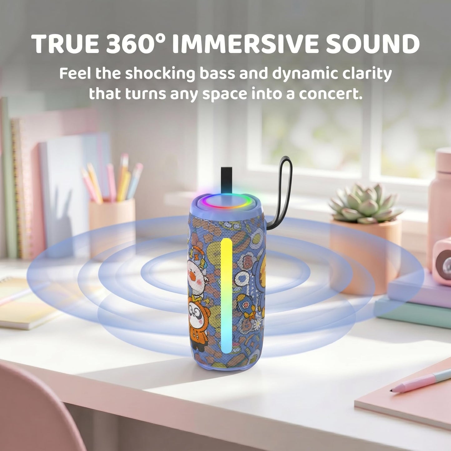 Cute Cartoon Bluetooth Speaker for Girls & Teens, Kawaii Portable Wireless Speaker with RGB Sync Lights, BT 5.3, TWS Pairing, IPX5 Waterproof, 20H Playtime, Birthday Gifts & Room Decor (Blue)