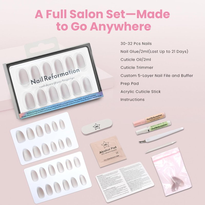 Nail Reformation Press On Nails, Matte Grey | Smoky Grey Short Round Fake Nails with Cat Eye Velvet Finish, Reusable Natural Stick On Nails Kit - 32 Pcs in 16 Sizes with Glue, Manicure Gifts for Women