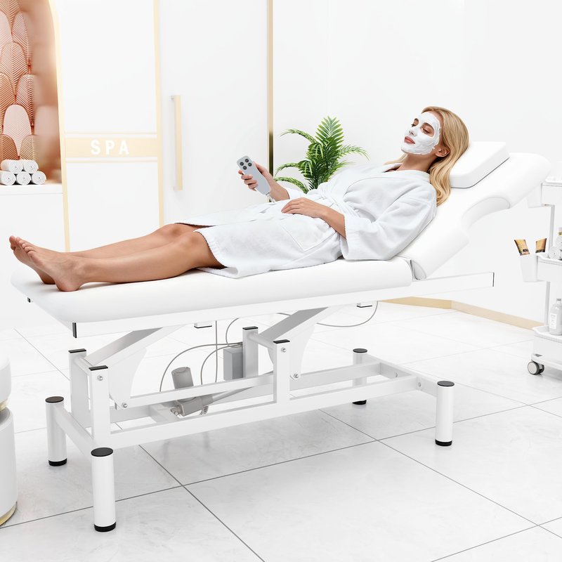 Professional Electric Massage Table, 2 Motors Hydraulic Electric Lift Adjustable Backrest and Height Lifting Functions for Treatment/Physical Therapy/Spinal Massage/Facial Spa/Waxing/Tattooing - White