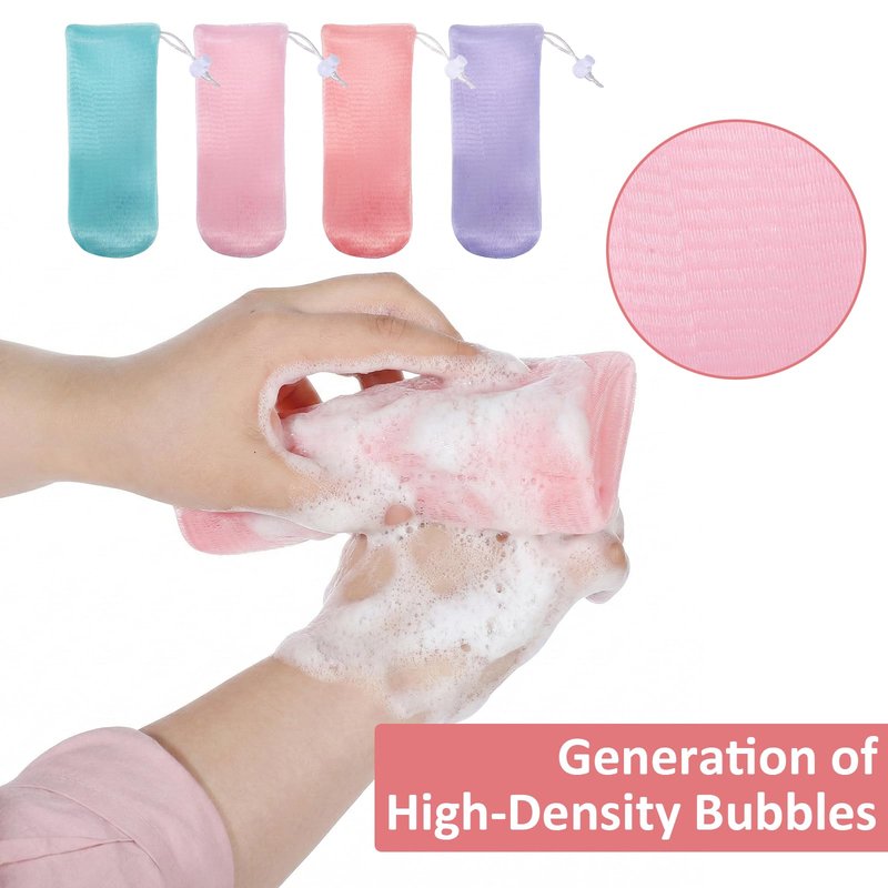 8 PCS Bar Soap Pouch for Washing Body, Soap Saver Bag for Bar Soaps, Reusable Mesh Soaps Bag with Drawstring, Bubble Foaming Net for Facial and Body Cleaning (4 Colors)