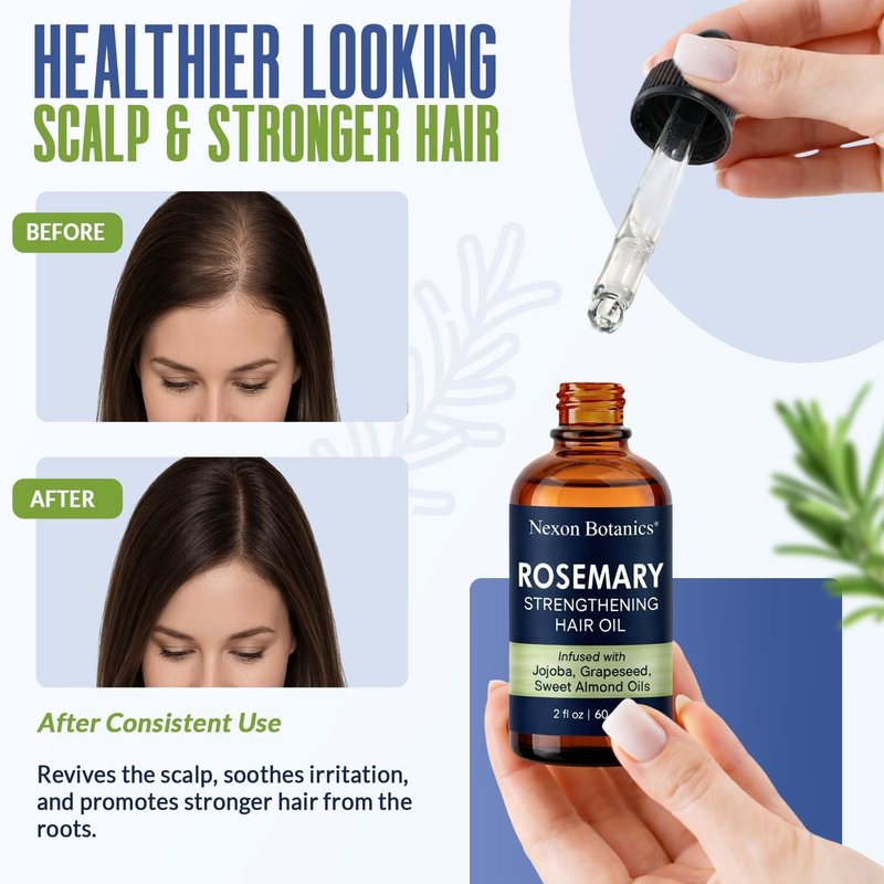 Nexon Botanics Rosemary Hair Oil - Lightweight Scalp Treatment for Hair Growth | 2 fl oz with Peppermint, Jojoba & Vitamin E