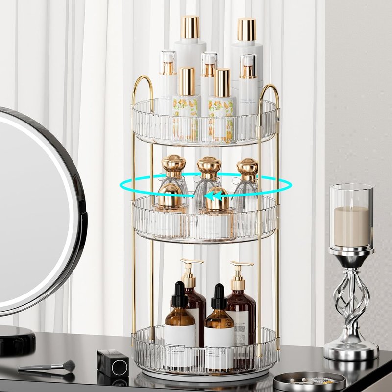 Skiennix 360° Rotating Makeup Organizer - 3-Tier Perfume & Skincare Storage - Space-Saving Clear Design