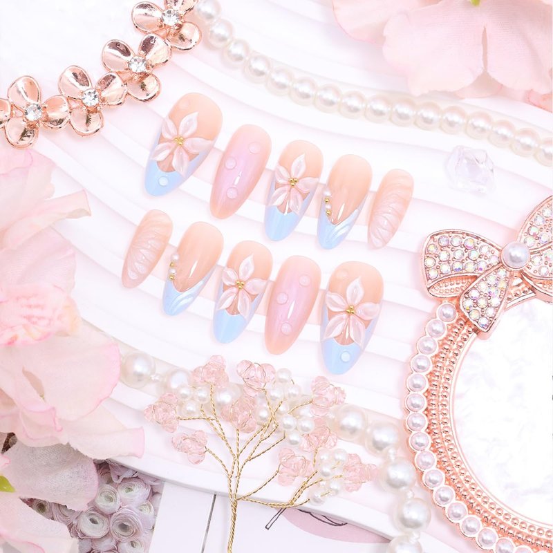 24Pcs Blue Flower Press on Nails Almond Medium French Tip Fake Nail 3D Flower with Pearl Designs Spring False Nails Artificial Acrylic Full Cover Glue on Nails Cute Stick on Nails for Women Manicure