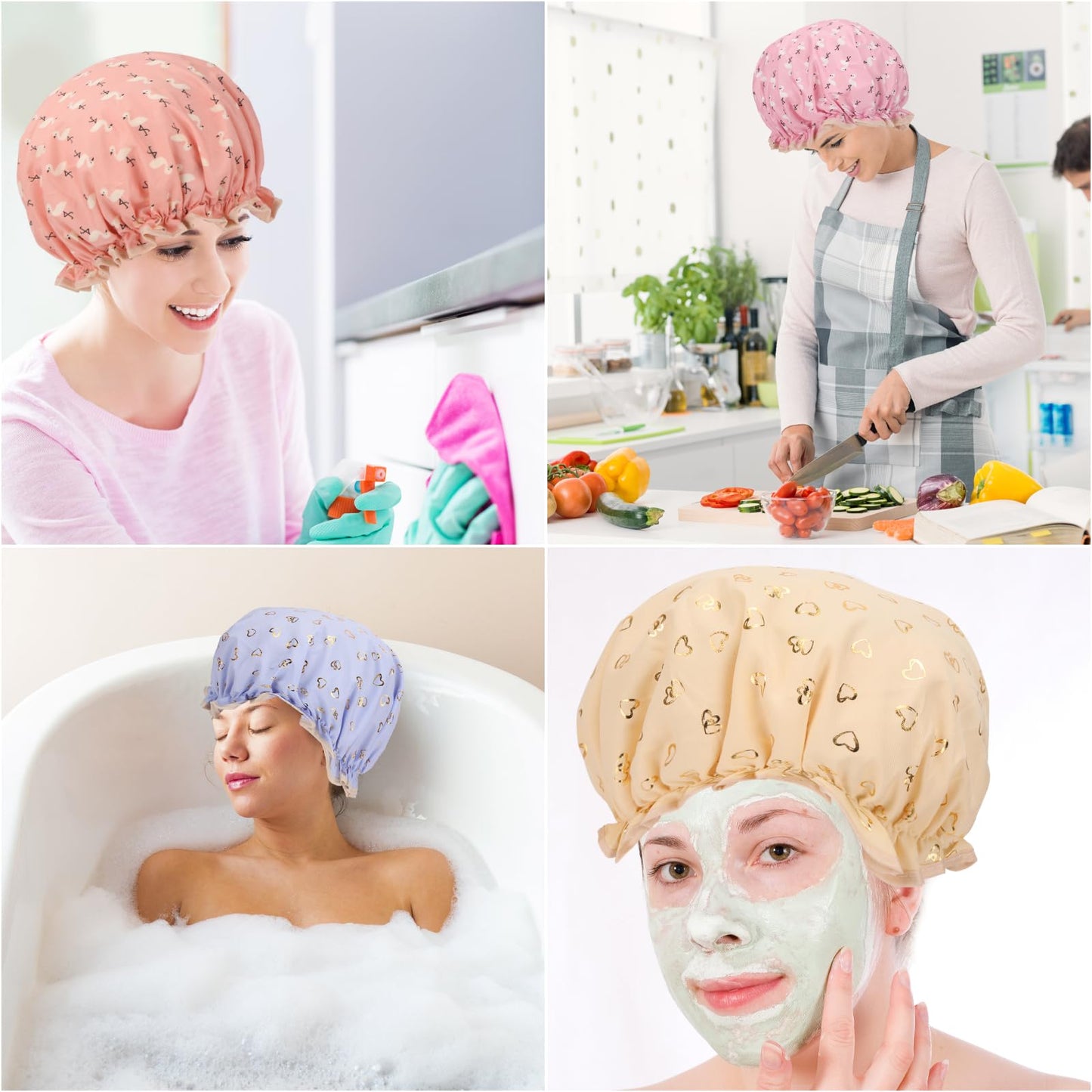 4 Pcs Shower Caps Hat for Women and Girl, Reusable Waterproof Bath Cap Double Waterproof Layers Bird and Heart Pattern