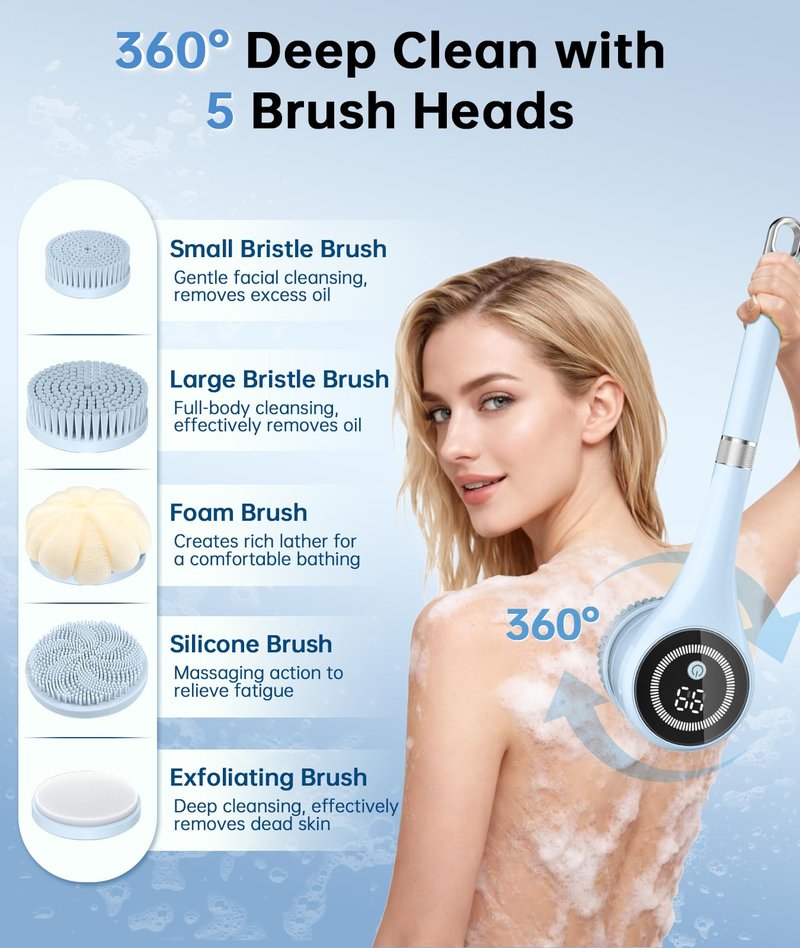 Electric Body Brush Back Scrubber for Shower, Waterproof Rechargeable Auto Bath Brush with Long Handle, 5 Replaceable Heads & 3 Speeds, Deep Cleansing Exfoliating Massage Spin Scrubber for Men & Women