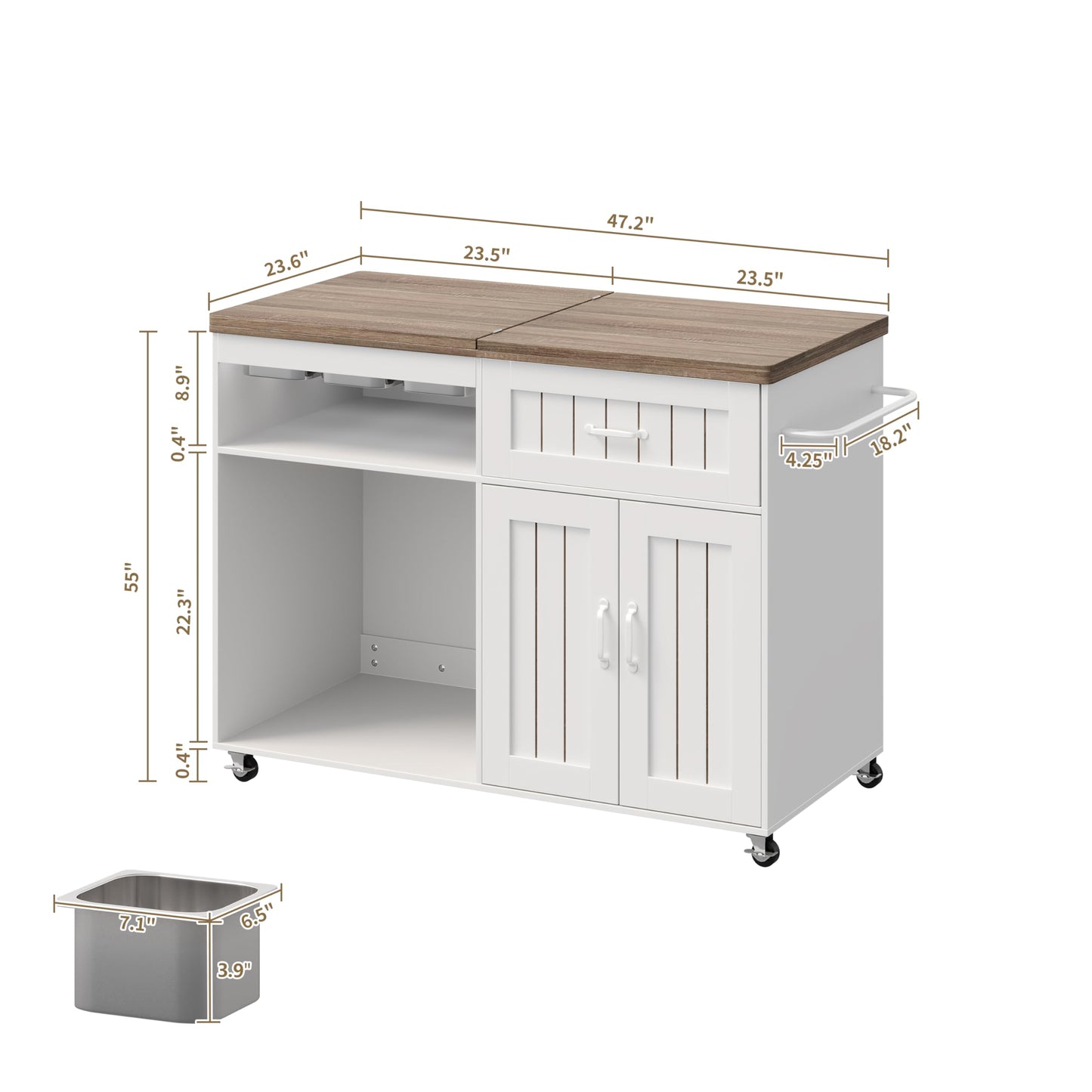 WLLPNG 47.2" Rolling Kitchen Island with Storage and 9 Stainless Steel Food Pans, Kitchen Island with Drawers and Foldable Prep Surface, Charcuterie Cart Island Table for Kitchen Party