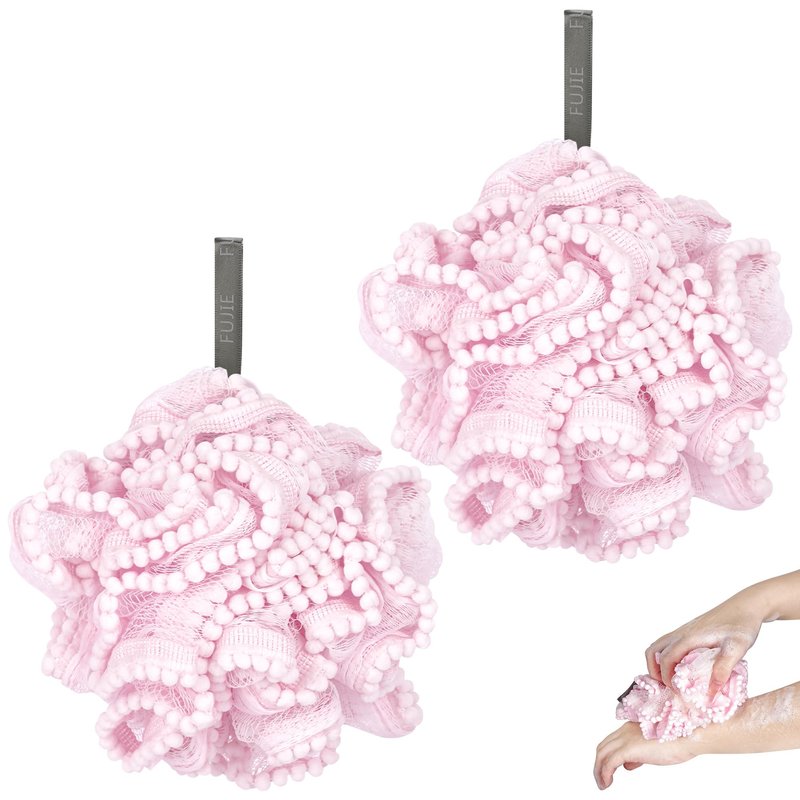 Biiange Pink Loofah, Shower Bath Spong, Soft Shower Loofahs Balls, Globose lace Shower Ball, for Body Wash Scrubber Cleaning Loofah Bathroom Accessories (2Pcs Pink)