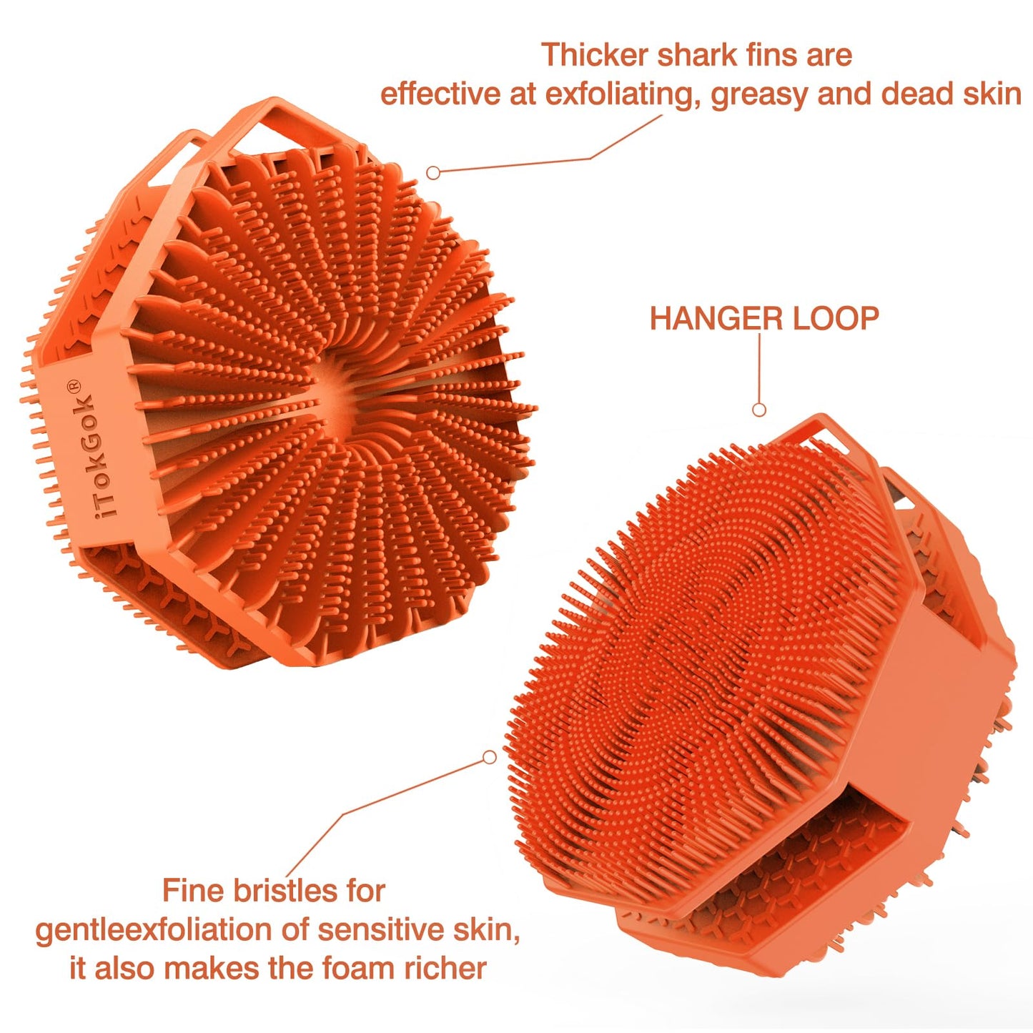 iTokGok® Premium 2-in-1 Silver-Infused Silicone Body Scrubber, Double-Sided Design Body Brush Silicone Body Scrubber Exfoliating Body Brushes for All Skin for Showering, Lathers Well - Orange