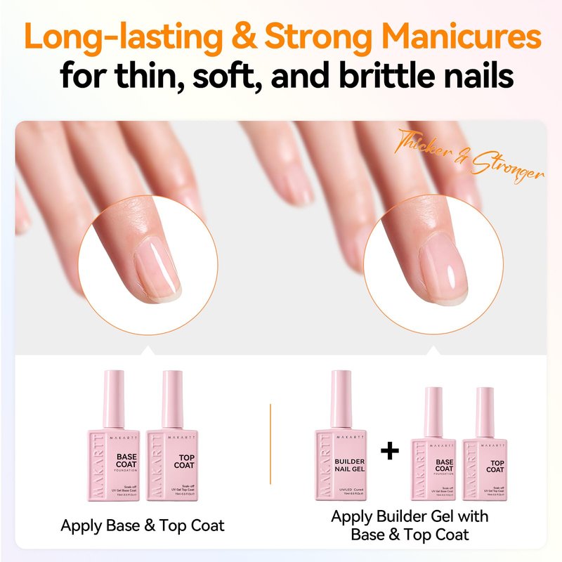 Makartt Builder Nail Gel with Top Coat Base Coat Kit: 3 PCS 15ml Long Lasting Diamond-Shine Finish No Wipe Clear Gel Polish Soak Off UV LED Lamp Needed Home DIY Gift Women