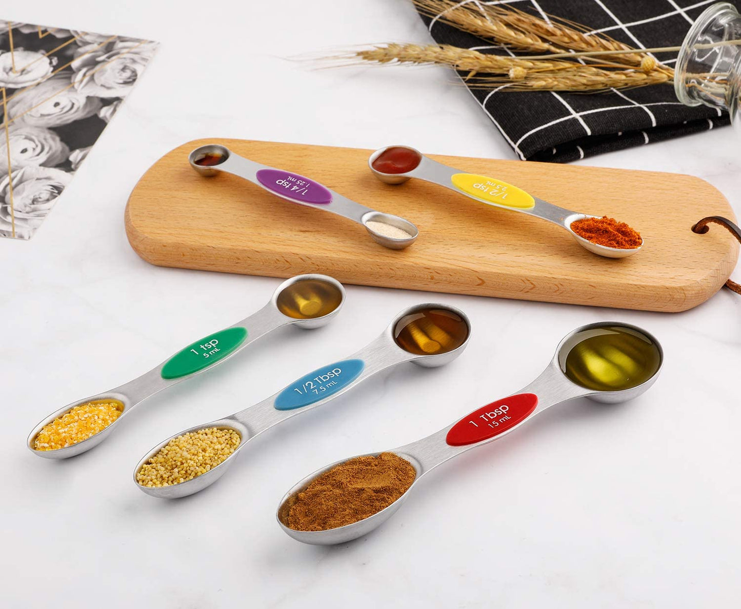 Magnetic Measuring Spoons Set of 5 Stainless Steel Dual Sided Stackable Teaspoon for Measuring Dry and Liquid Ingredients (Color)