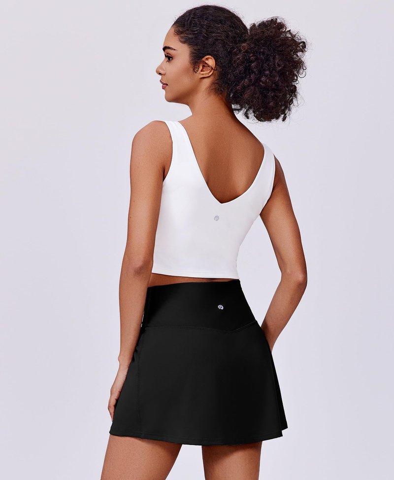 PINSPARK Tennis Skirts for Women V-Waisted Athletic Skort Quick Dry Golf Skirts with 2 Pockets Shorts, Black Medium