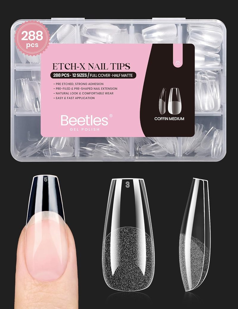 Coffin Gel Nail Tips - Medium Half Matte Press-On Nails | 288 Pcs DIY Acrylic Extensions Kit for Women
