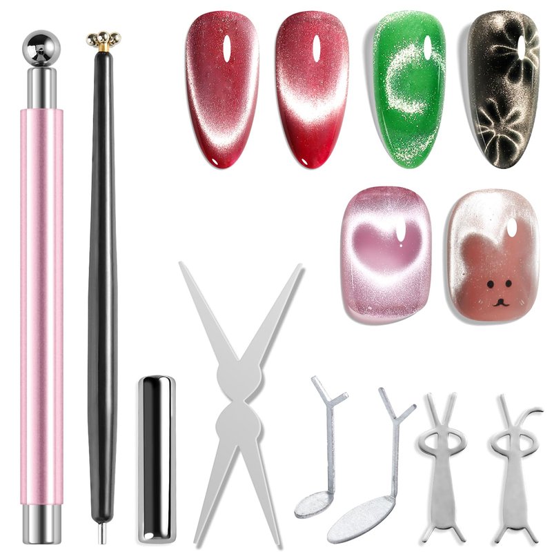 Fcozpjk Cat Eye Magnet for Nails, 8PCS Magnet Tool Set Pink Double-Head Nail Magnetic Pen for Glassy Cateye Gel Polish Heart Rabbit Flowers French Tips Stick Home Manicure DIY Nail Tech Must Have