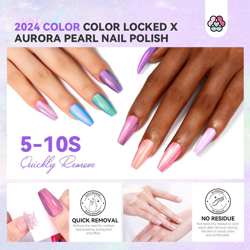 SAVILAND Pearl Nail Polish Set: Shimmer Glitter Aurora Quick Air Dry Nail Polish White Pink Purple Mermaid 12 Colors with Base and Nail Top Coat Manicure Salon DIY At Home Gift