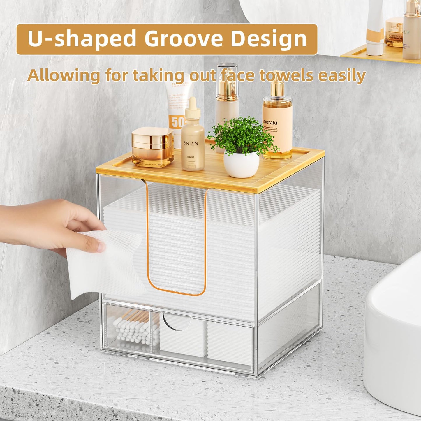 VITVITI Disposable Face Towel Holder for Clean Skin Club, Acrylic Bamboo Facial Towel Holder Box with Drawer, XL Face Towels Container for Bathroom Vanity Makeup, Clear
