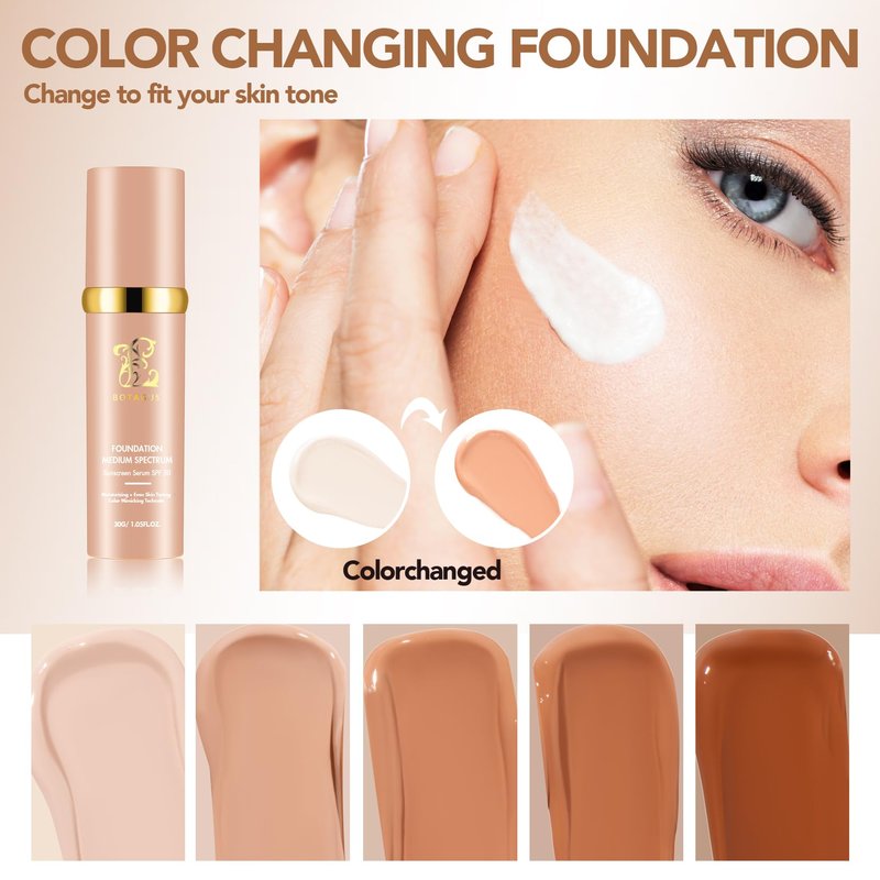 Color Changing Foundation,Foundation 4 in 1-Medium Spectrum Cosmetics Foundation Liquid with SPF 50+, Concealer Cosmetic Lightweight Makeup, Longwearing & Waterproof for Makeup Medium (1 pack)