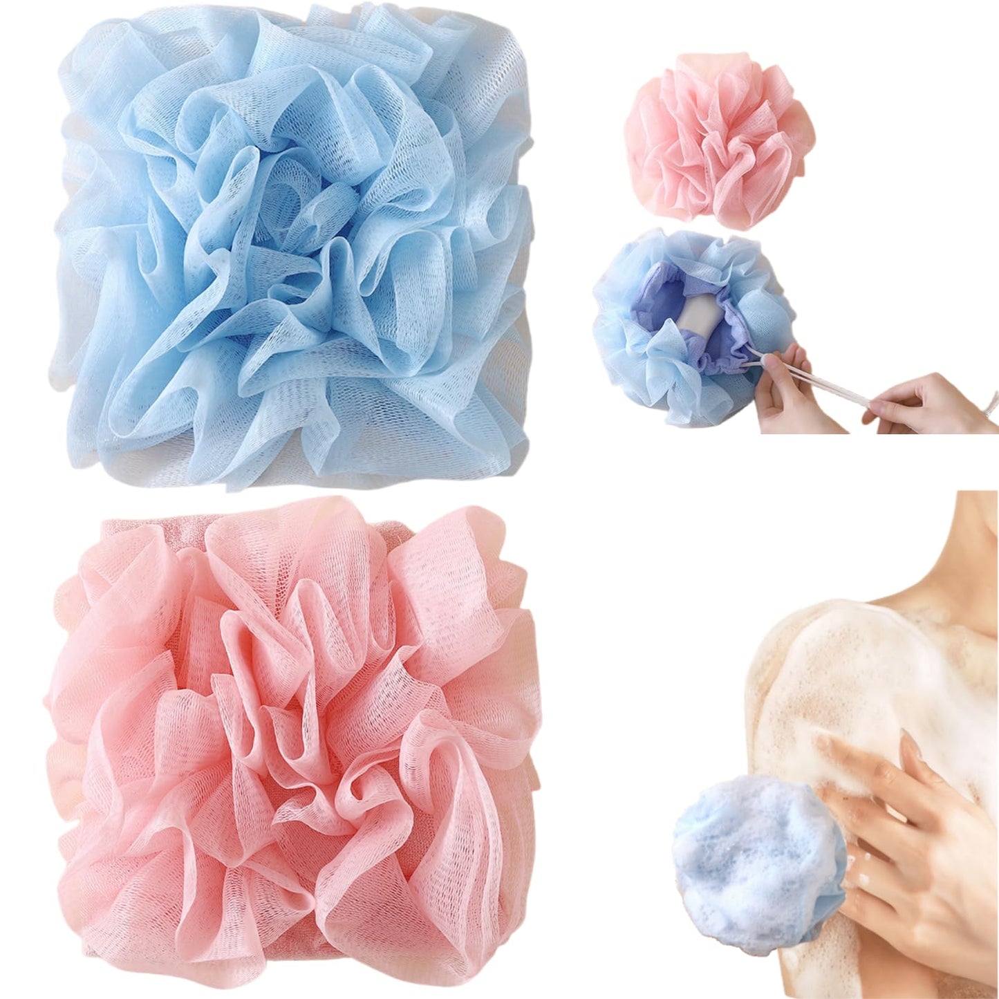 2 Pcs Soap Bar Loofah, 2 in 1 Holds Bar Soap Loofah Washcloth with Drawstring Reusable Luffa Mesh Bath Ball Remove Cuticle Gentle Cleansing Clean and Smooth Skin Suitable for Bath Shower (Pink+Blue)