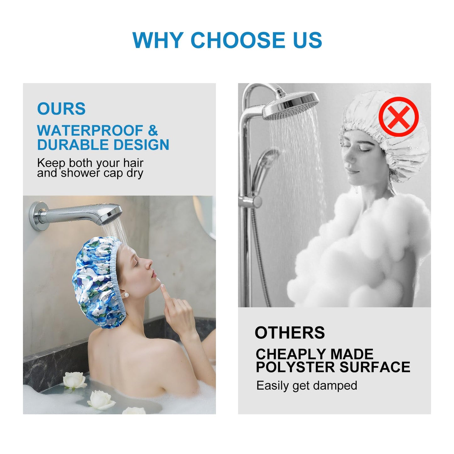 Upgraded Waterproof Terry Shower Caps, Reusable Shower Cap for Women with Long Hair, Soft Absorbent Hair-Protecting Towel Lining Bath Cap, Large Leak-Proof Hair Cap with Fashionable Print Outer-Blue