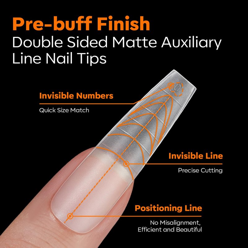 modelones Long Coffin Guiding Line Nail Tips, Soft Gel Tips Fake Nails False Acrylic Extensions Seamless Accurate Positioning Scale Line, Full Matte Professional Nail Salon 216PCS 12Sizes