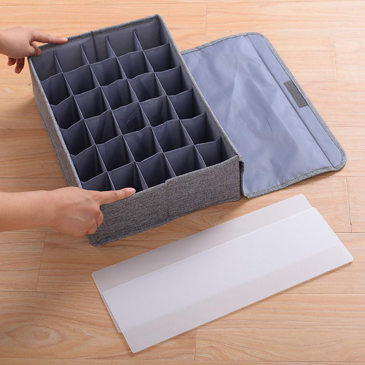 AARAINBOW 2 Packs Underwear Socks Ties Storage Organizer with Lids Foldable Closet Drawer Organizer 60 Cells, Fabric Wardrobe Divider Storage Boxes for Scarves and Lingerie (30 Cell, 2 Gray)