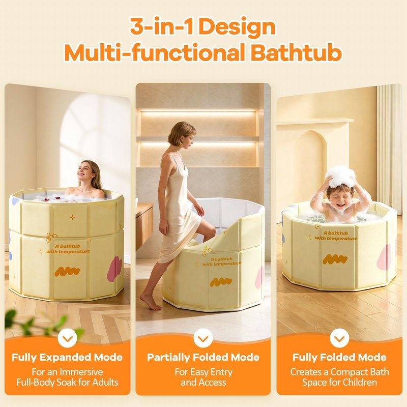 HLCZLUZ Portable Bathtub, Hot Ice Bath Tub Inflation-free, Shower Bathroom SPA Soaking Tub, Collapsible Bathtub No Installation for Home & Outdoor (Warm Yellow, 27.55"L x 27.55"W x 27.55"H)