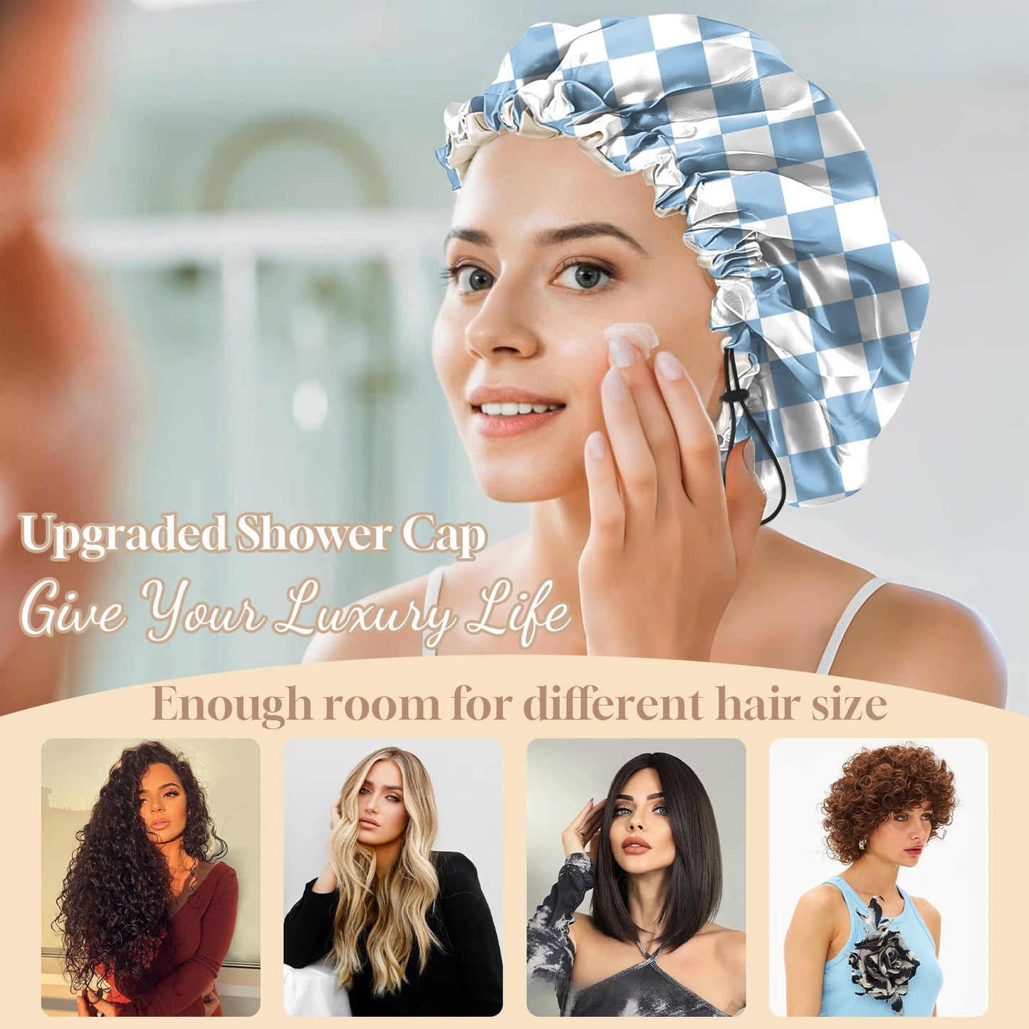Zewurtuw Luxury Shower Cap Adjustable Reusable Double Waterproof Layer Elastic Satin Lined Hair Bath Cap Cute Aesthetic Women Girls (I28-Blue)