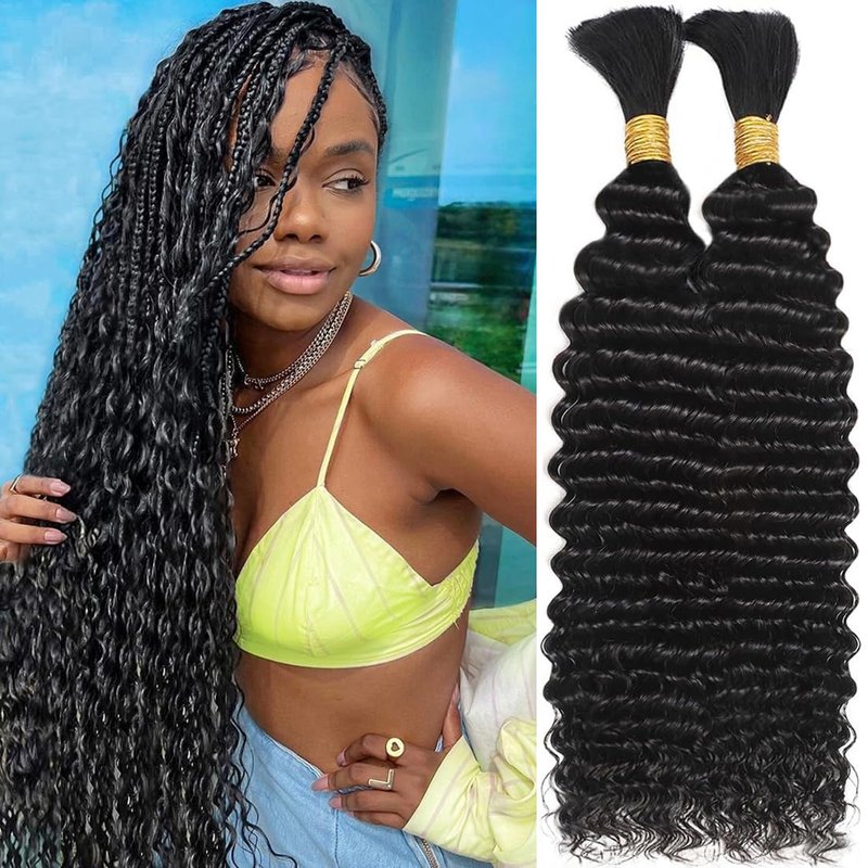 Human Braiding Hair for Boho Braids 110g 20 Inch Deep Water Wave Bulk Human Boho Hair for Braiding No Weft 12A Wet and Wavy Curly Human Hair Extensions 2 Bundles/Pack Natural Color