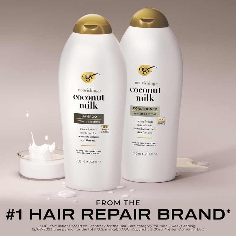 OGX Shampoo and Conditioner Set, Nourishing + Coconut Milk, Shampoo and Conditioner for Moisturizing & Strengthening Hair Care, Formulated without Sulfated Surfactants, 25.4 FL OZ, 2 Pack