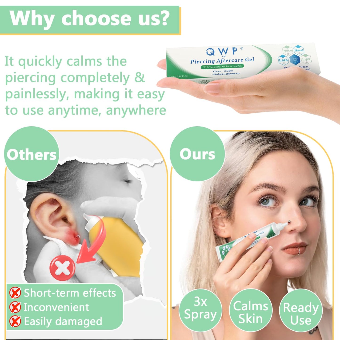 QWP Ear Piercing Cleaner | Piercing Bump Treatment | Piercing Cleaner | Piercing Aftercare | Piercing Bump Solution | Piercing Aftercare Gel for Ear, Nose, Belly and Body Piercings - 25ml