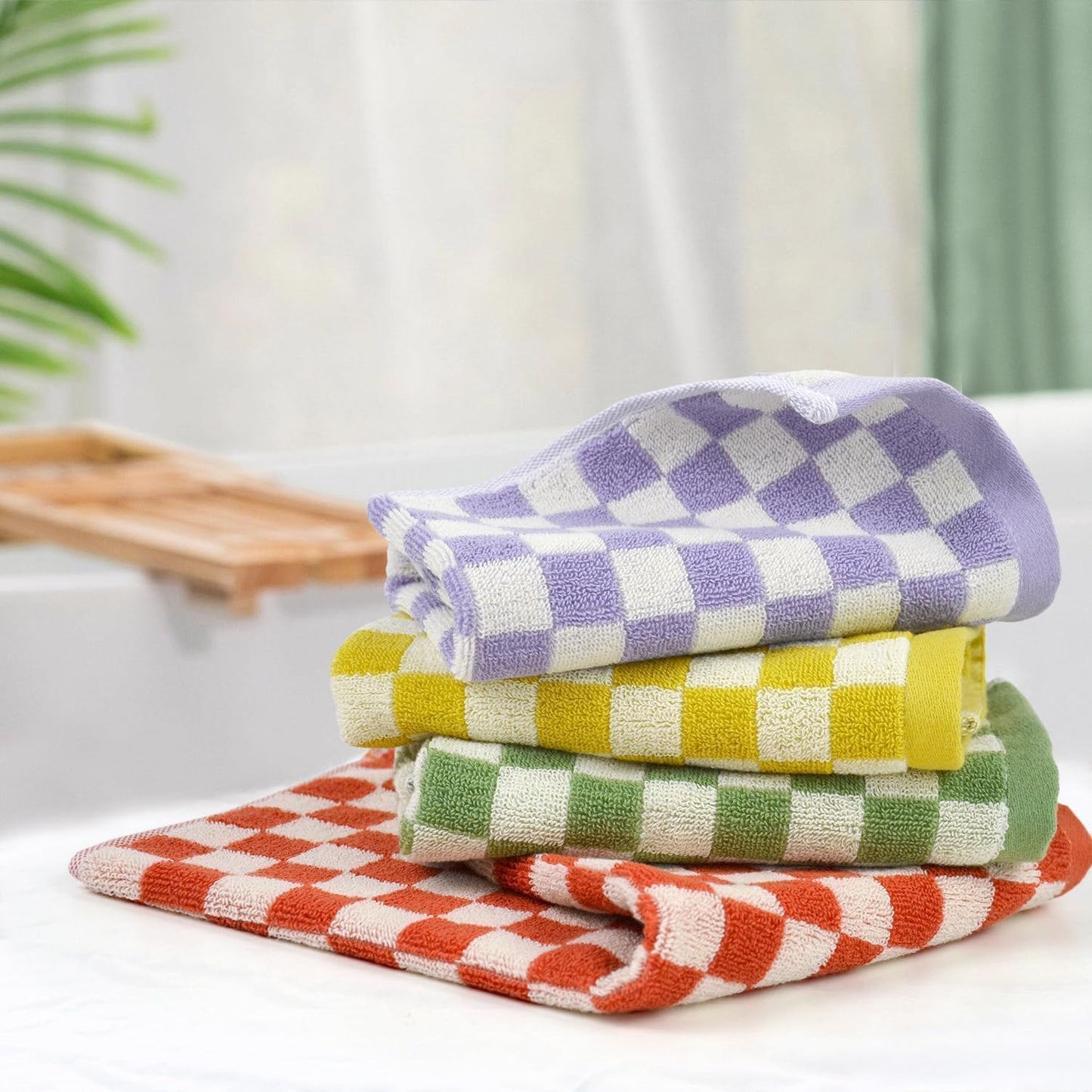 Jacquotha Wash Cloths Checkered 4 Pack 4 Colors - Cotton Washcloths for Face Body, 13 x 13 Inches Daily Cleansing Kitchen Towels