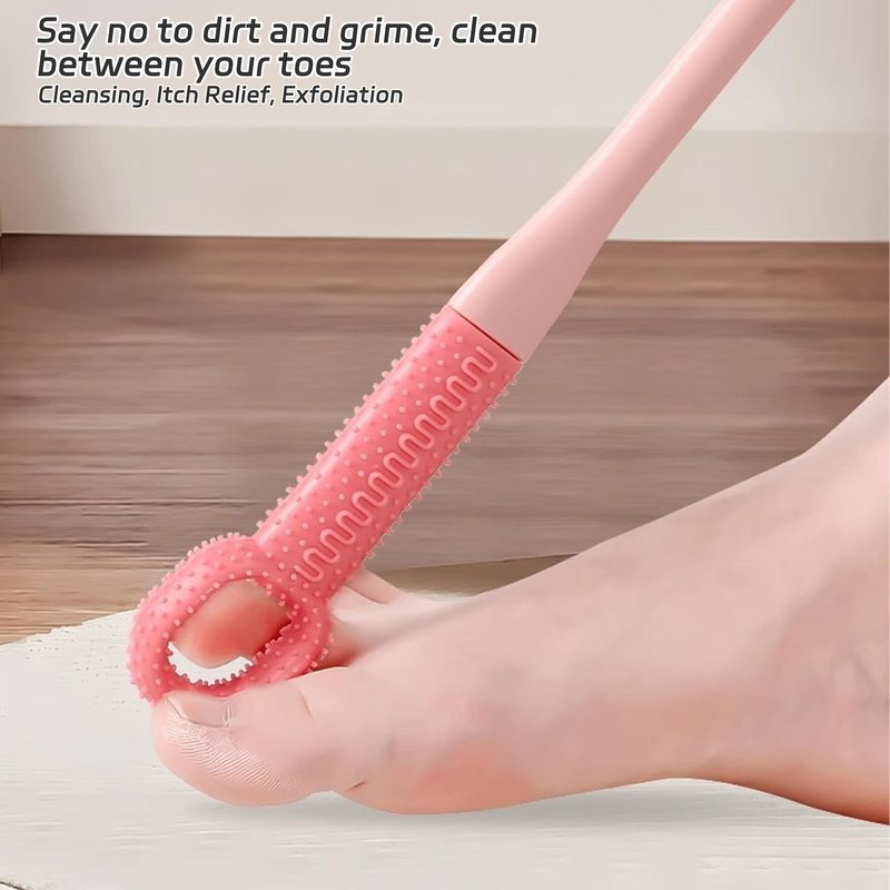 Odetina Long Handle Toe Cleaning Brush for Shower, Soft Rubber Toe Cleaner Between Toes, Exfoliating Foot Scrubber Foot Brush for Seniors, Men, Women - 1 Set (Pink)