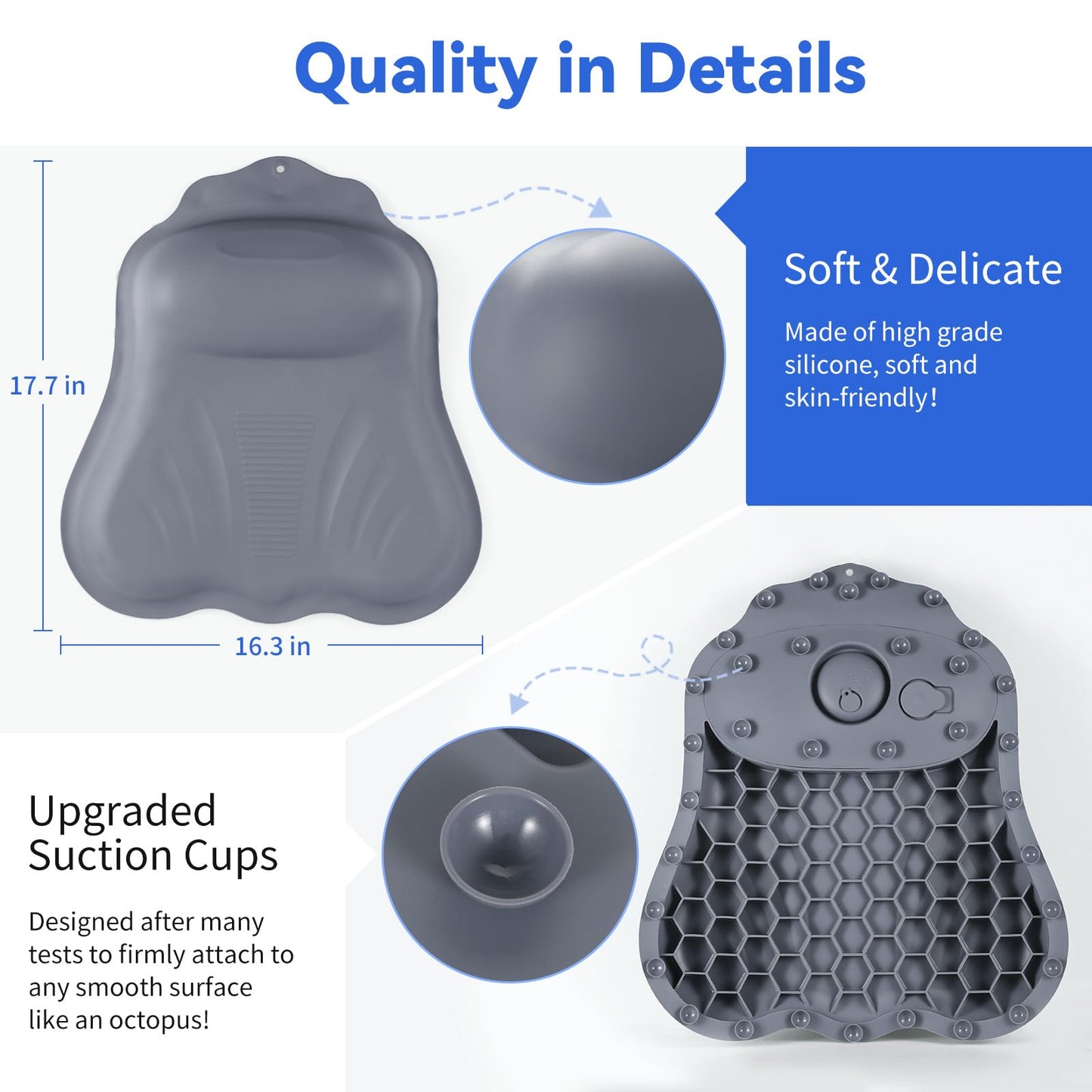 Goowin Bath Pillows for Tub, New Generation Skin-Friendly Silicone Bath Pillow, Luxury Bathtub Pillow for Head and Neck, Powerful Suction Tub Pillow for Bathtub with Inflatable Airbag (Grey)