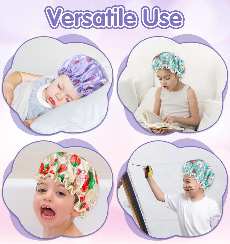 Shower Cap Kids, 3 Pcs 10 Inch Girls Toddler Shower Cap with Waterproof Reusable Double Layers & Elastic Band for Kids, Women, Sleeping, Bath, Travel, Home, (3 Colors)