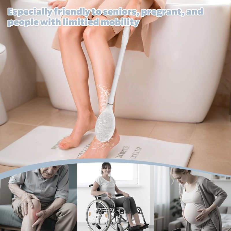 GEENOA New Back Scrubber Anti-Slip for Shower, 18.9‘’ Adjustable Shower Back Scrubber with Dual-Side Head & Soft Bristles, Extra-Long Shower Brush Bath Brush for Lathering Cleansing(White-L)