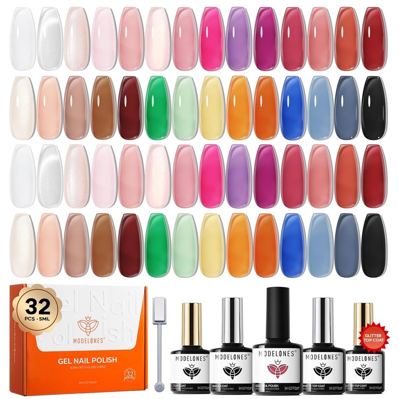 32 PCS Gel Nail Polish Set - 28 Colors Jelly Nude Polish with No Wipe Base Coat & Top Coats | Translucent Pink, White, Brown