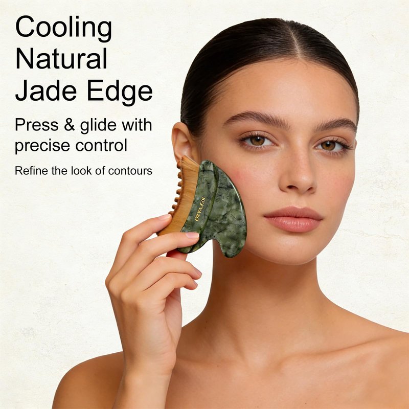 SEFVAKO Lymphatic Contour Face Brush, Dual-Ended Dry Brush + Cool-Touch Jade Gua Sha Edge, 0.075mm Ultra-Soft Bristles Gua Sha Facial Tools, for Lymphatic Drainage, Less Puffy Look, Sculpt & Relax