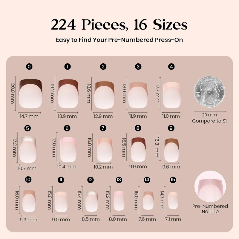 Beetles French Tip Press On Nails - Mocca Mousse | 7 Colors, Short Square, 224 Pcs Natural Quality