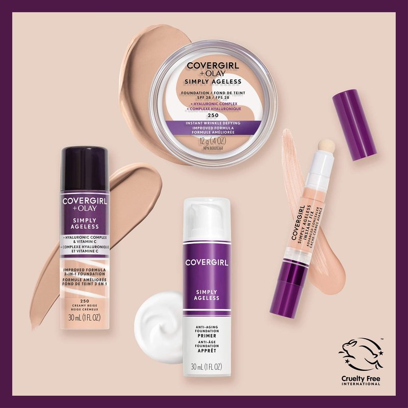 CoverGirl & Olay Simply Ageless 3-in-1 Liquid Foundation, Matte Finish, Hyaluronic & Vitamin C Formula, Cruelty Free, Toasted Almond, 1 Count