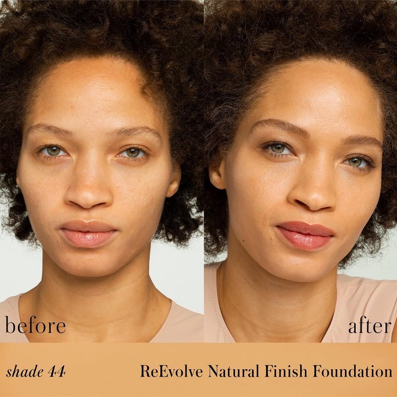 RMS Beauty ReEvolve Natural Finish Liquid Foundation (Shade 44). Lightweight, hydrating, buildable medium coverage for even skin. Nourishing, long-lasting formula for medium tones. 1 fl oz.
