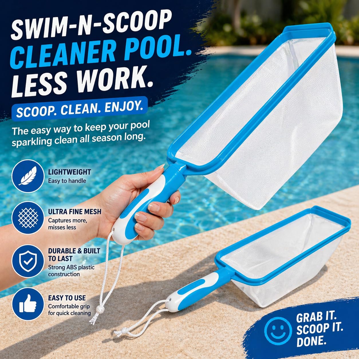 The Skimmie Swim-N-Scoop in-Pool Handheld Skimmer Net for Scooping Debris, Leaves, and Bugs While Swimming