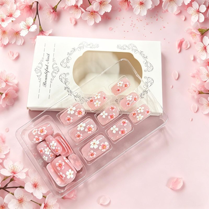 GCSQW Flower Press on Nails Medium Square Fake Nails with Cherry Blossoms Design Glossy Pink Acrylic Nails Press ons, 24Pcs Spring Summer Floral Stick on Nails for Women Daily Wear