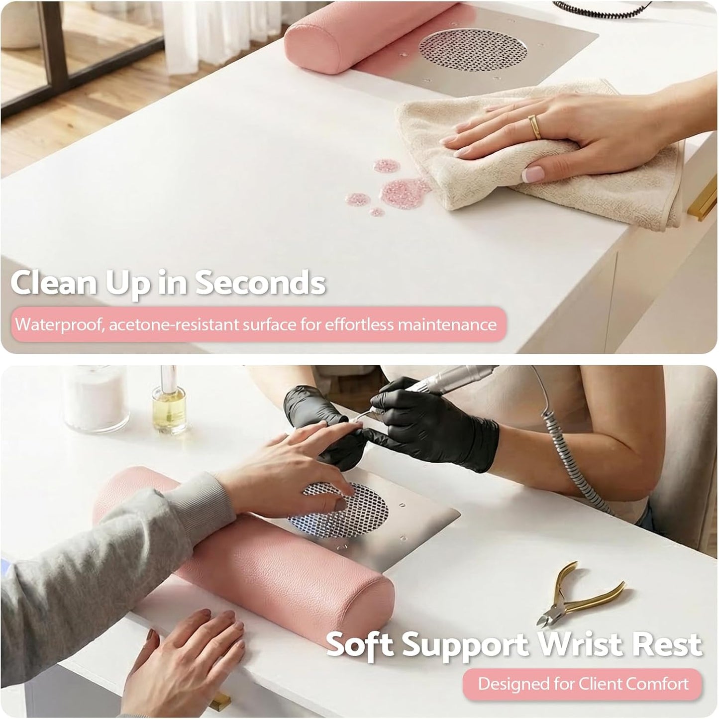 Skiennix Nail Desk - Professional Manicure Table with Dust Collector & LED Lights | White & Pink Accent