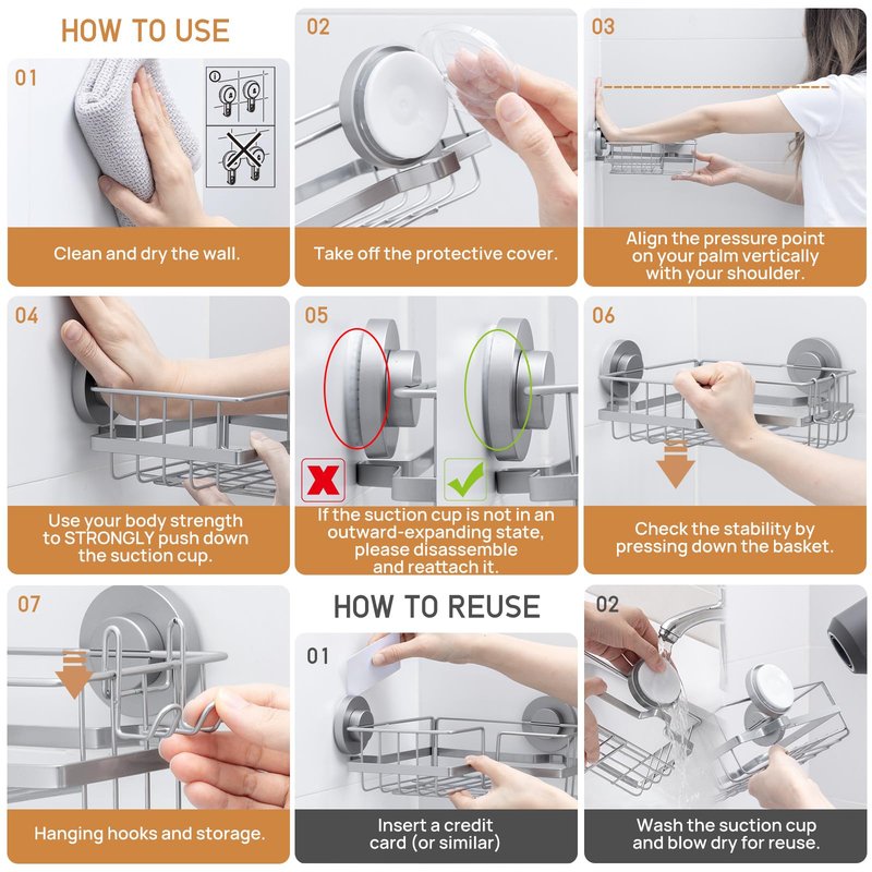 LEVERLOC 2 Pack Corner-adaptive Suction Cup Shower Caddies, Drill-Free Wall Mounted Basket, Stainless Steel Rustproof Corner Shower Shelf, Large Capacity Removable Suction Cup Bathroom Organizer, Gray