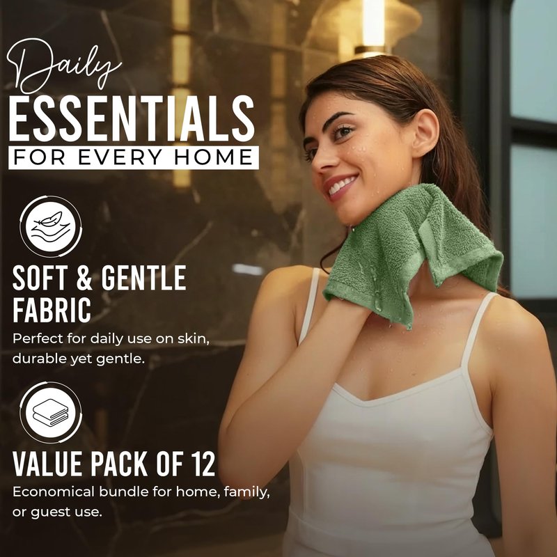 RIVERSIDE 12-Pack Premium 100% Cotton Sage Green Face Towels for Bathroom [12x12] - Reusable Luxury Face Wash Cloths for Showering - 550 GSM Super Soft & Absorbent Washcloths for Body, Spa & Gym