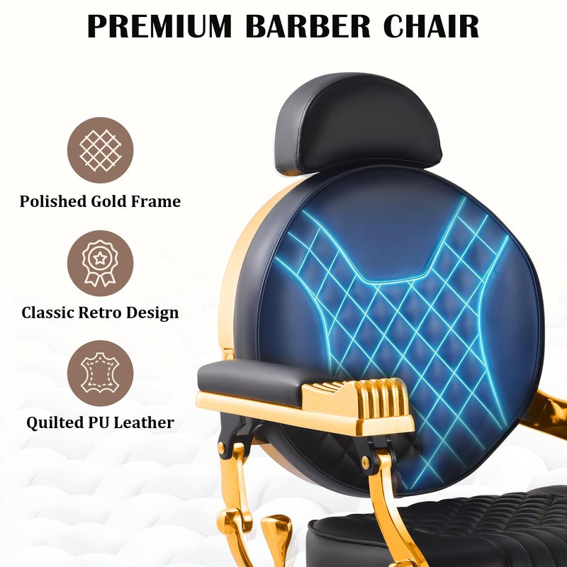 Luxitero Vintage Barber Chair Reclining Black Gold,Heavy-Duty Barbershop Chair,Retro Styling Hair Salon Chair, 550 lbs Capacity