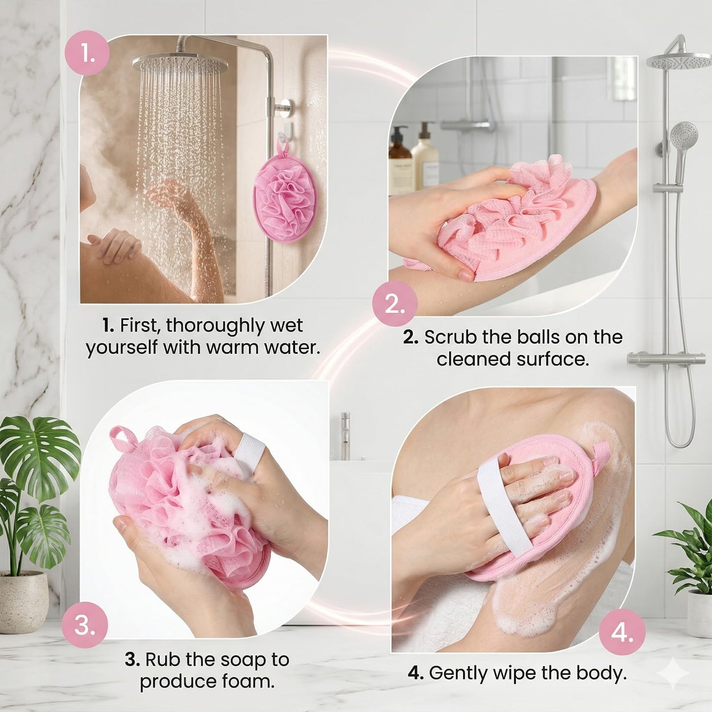 Dplolng 3 Pcs Loofah Sponge Shower Loofahs Travel Bath Sponge Mesh Balls Mini Loofah Travel Size with Elastic Hand Strap for Women Men Body Scrubber Wash Back Scrubber(Pink, Blue,Beige)