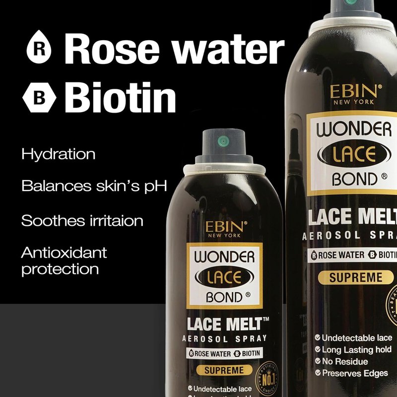 EBIN NEW YORK Wonder Lace Bond Lace Melt Aerosol Spray Rose Water + Biotin | Extra Firm Hold Wig Adhesive Spray | Soothing Hydrating Finish | 6.08 Fl Oz