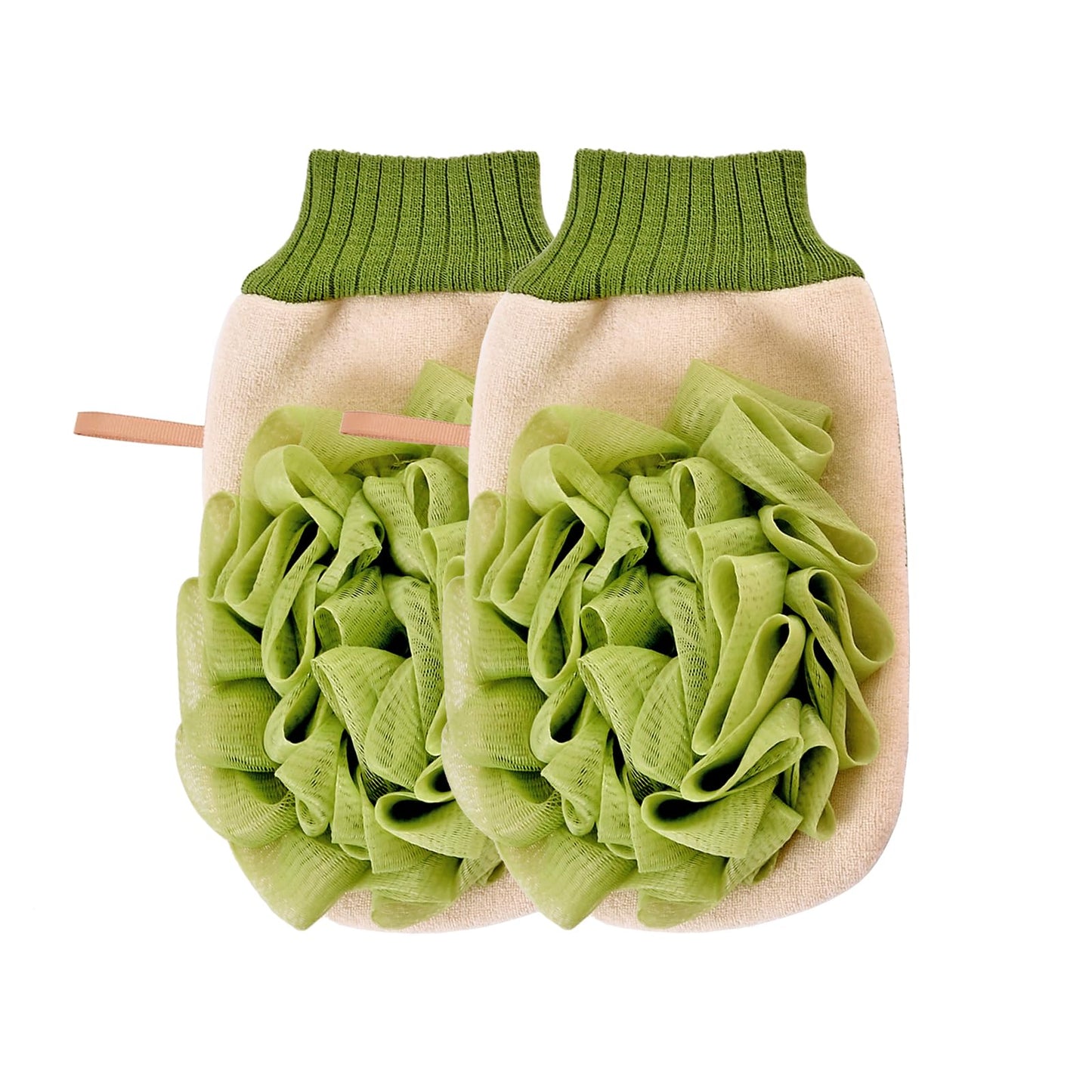 GOMKLNMO 2 Pack Shower Sponge Exfoliating Gloves, 2 in 1 Body Wash Gloves, Scrub Gloves with Shower Ball (Green)